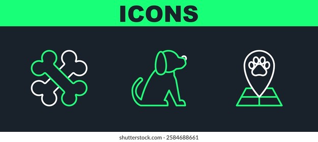 Set line Map pointer with veterinary medicine hospital, Crossed bones and Dog icon. Vector