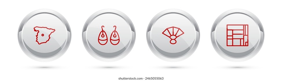 Set line Map of Spain, Earrings, Fan flamenco and House Edificio Mirador. Silver circle button. Vector