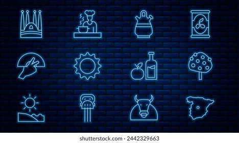 Set line Map of Spain, Orange tree, Sangria pitcher, Sun, Fan flamenco, Sagrada Familia, Apple cider bottle and Spanish cook icon. Vector