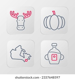 Set line Maple syrup, Canada map, Pumpkin and Moose head with horns icon. Vector