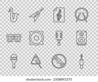 Set line Maracas, Audio jack, Treble clef, Triangle, Musical instrument saxophone, Stereo speaker, Vinyl disk and  icon. Vector