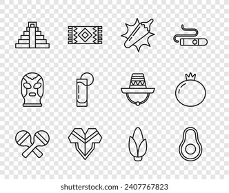 Set line Maracas, Avocado fruit, Hot chili pepper pod, Poncho, Chichen Itza in Mayan, Tequila glass with lemon, Corn and Tomato icon. Vector