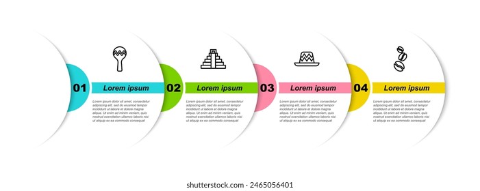 Set line Maracas, Chichen Itza in Mayan, Mexican sombrero and Coffee beans. Business infographic template. Vector