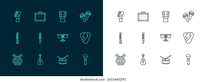 Set line Maracas, Guitar, Bongo drum, Drum with sticks, Flute, neck,  and amplifier icon. Vector