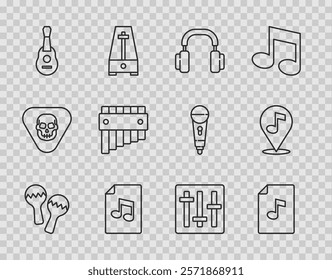 Set line Maracas, Music book with note, Headphones, Guitar, Pan flute, Sound mixer controller and Location musical icon. Vector