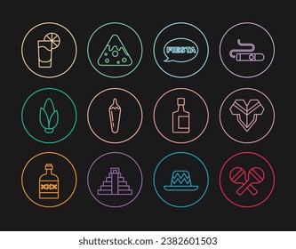 Set line Maracas, Poncho, Fiesta, Hot chili pepper pod, Corn, Tequila glass with lemon, bottle and Nachos icon. Vector