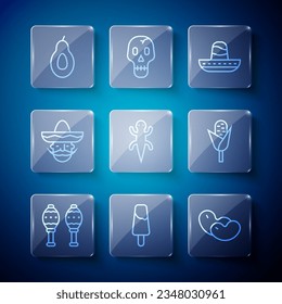 Set line Maracas, Popsicle ice cream, Beans, Mexican sombrero, Lizard, man, Avocado and Corn icon. Vector