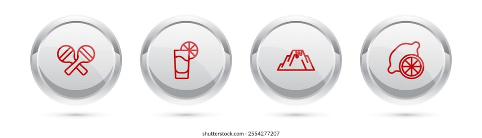 Set line Maracas, Tequila glass with lemon, Volcano eruption lava and Lemon. Silver circle button. Vector