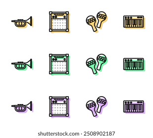 Set line Maracas, Trumpet, Guitar amplifier and Music synthesizer icon. Vector