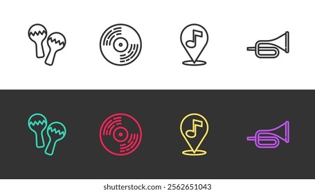 Set line Maracas, Vinyl disk, Location musical note and Trumpet on black and white. Vector