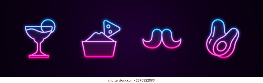 Set line Margarita cocktail, Nachos in bowl, Mustache and Avocado fruit. Glowing neon icon. Vector