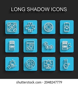 Set line Marijuana or cannabis leaf, Peace, Medical pills with marijuana, Monitor and, Glass bong for smoking, Plastic bag of, bottle and Cannabis molecule icon. Vector