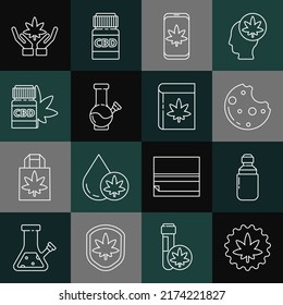 Fijar la línea Marihuana o hoja de cannabis, aceite de oliva, cookies con marihuana, Mobile y, Vidrio para fumar, Botella médica e ícono del Libro. Vector