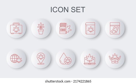 Set line Marijuana or cannabis leaf, Legalize marijuana globe, Medical bottle with, Laptop and, Shopping box of, plant, Location and olive oil icon. Vector