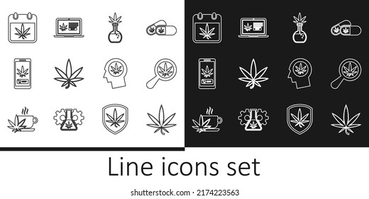Fijar línea Marihuana o hoja de cannabis, Vidrio de aumento y marihuana, Tubo de prueba con, Compra en línea, Calendario, Perfil de cabeza e ícono. Vector