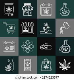 Set line Marijuana or cannabis leaf, Test tube with marijuana, Watering, Calendar and, store, Shopping cart, seeds and Planting icon. Vector