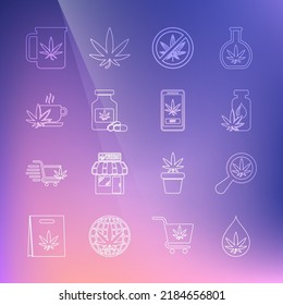Set line Marijuana or cannabis leaf oil, Magnifying glass and marijuana, Stop, Medical bottle with, Cup tea,  and Online buying icon. Vector