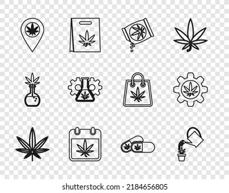 Die Linie Marijuana oder Cannabis Blatt, Wasser Marihuana, Samen, Kalender und, Ort, Teströhre mit, Medizinische Tabletten und Ikone. Vektorgrafik
