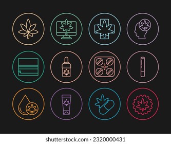 Fijar la línea Marihuana o hoja de cannabis, articulaciones, marihuana médica, aceite de oliva, papel rodante, pastillas con y Monitor e icono. Vector