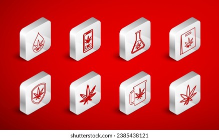 Fijar línea Marihuana o hoja de cannabis, Comprar marihuana en línea, Probar tubo con, Comprar bolsa de, Té de la Copa, aceite, Escudo e ícono. Vector