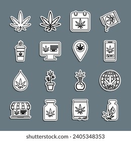 Fijar la línea Aceite de Marihuana o hoja de cannabis, Legalizar la marihuana, Comprar en línea, Calendario y, Copa de café con, e icono Ubicación. Vector