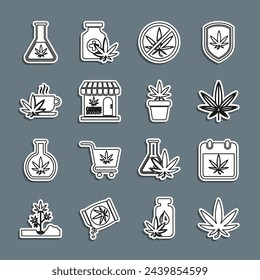 Setzen Sie Linie Marihuana oder Cannabisblatt, Kalender und Marihuana, Stopp, speichern, Tasse Tee mit, Reagenzglas und Pflanze in Topf-Symbol. Vektor