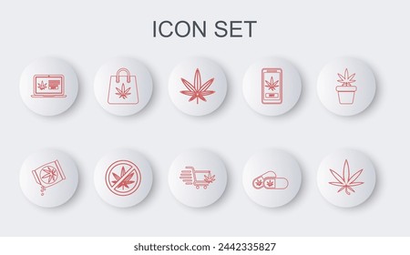 Set line Marijuana or cannabis leaf, seeds, Medical pills with marijuana, Online buying, Shopping bag of, Stop and cart icon. Vector