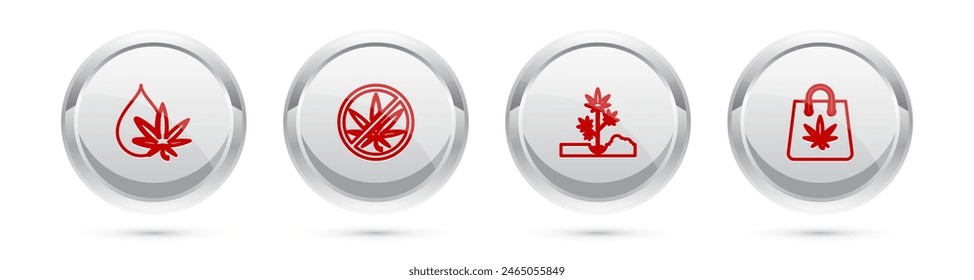 Set line Marijuana or cannabis leaf oil, Stop marijuana, Planting and Shopping bag of. Silver circle button. Vector