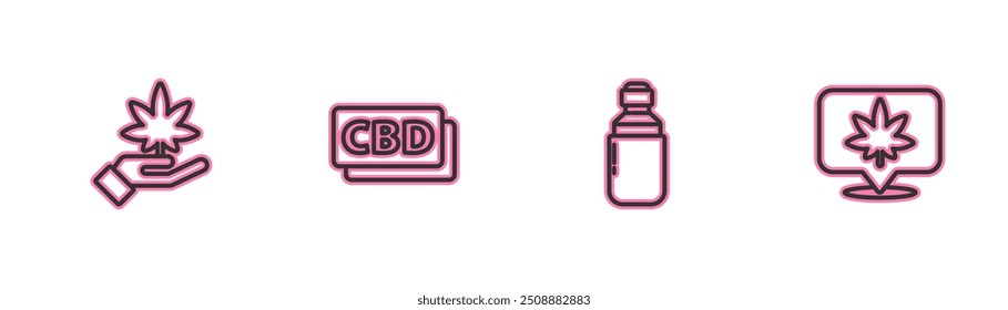 Set line Marijuana or cannabis leaf, olive oil, Cannabis molecule and Location and icon. Vector