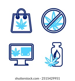 Set line Aceite de hoja de marihuana o cannabis, Compra online de marihuana, Stop y Bolsa de compras de icono. Vector