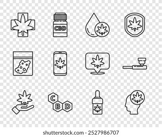 Set line Hoja de marihuana o cannabis, Cabeza con marihuana, aceite de oliva, molécula de cannabis, médico, móvil y pipa icono. Vector