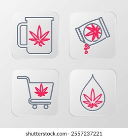 Set line Marijuana or cannabis leaf oil, Shopping cart with marijuana, seeds and Cup tea icon. Vector