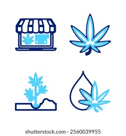Set line Marijuana or cannabis leaf oil, Planting marijuana,  and Online buying icon. Vector