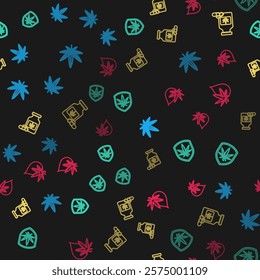 Set line Marijuana or cannabis leaf, Shield and marijuana, Medical bottle with and oil on seamless pattern. Vector