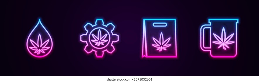 Set line Marijuana or cannabis leaf oil, Test tube with marijuana, Shopping bag of and Cup tea. Glowing neon icon. Vector