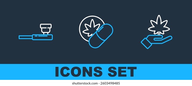 Set line Marijuana or cannabis leaf, Smoking pipe and Herbal ecstasy tablets icon. Vector