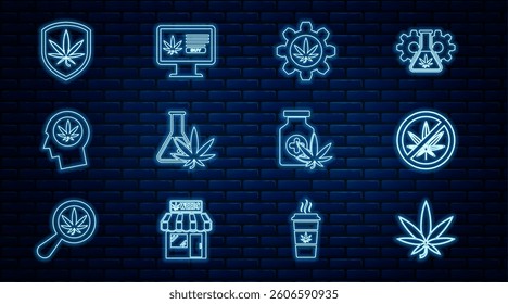 Set line Marijuana or cannabis leaf, Stop marijuana, Test tube with, Head in profile, Shield and, Medical bottle and Online buying icon. Vector
