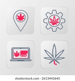 Set line Marijuana or cannabis leaf, Online buying marijuana, Test tube with and Location and icon. Vector