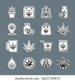 Set line Hoja de marihuana o cannabis, semillas, Bolsa de marihuana, Botella médica con, Locación y, maceta e ícono. Vector