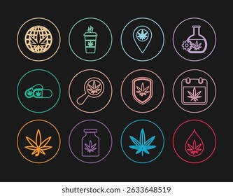 Set line Marijuana or cannabis leaf oil, Calendar and marijuana, Location, Magnifying glass, Medical pills with, Legalize, Shield and Cup coffee icon. Vector
