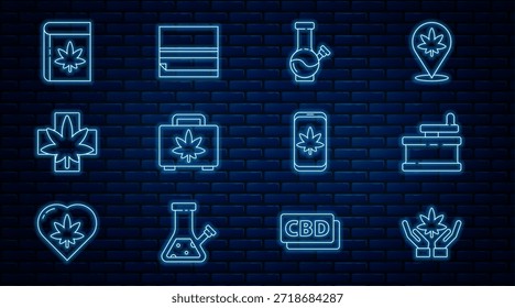Set line Hoja de marihuana o cannabis, amoladora manual, bong de vidrio para fumar marihuana, caja de compras de, médico, libro y móvil, icono de papel. Vector