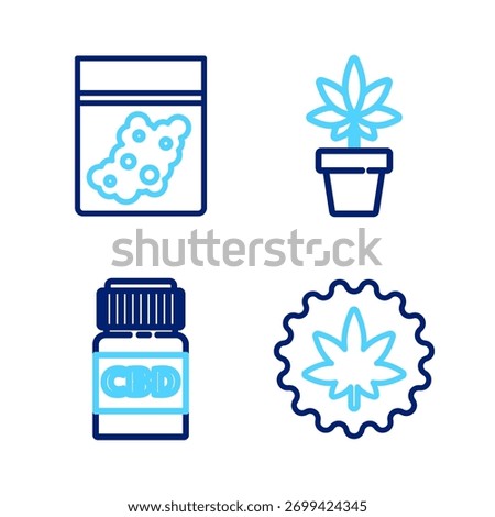 Set line Marijuana or cannabis leaf, Medical bottle with, plant and Plastic bag of icon. Vector