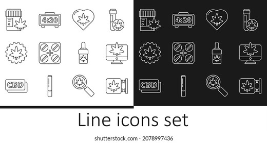 Set line Marijuana and cannabis store, Monitor marijuana, leaf in heart, Medical pills with, bottle, olive oil and Digital alarm clock icon. Vector