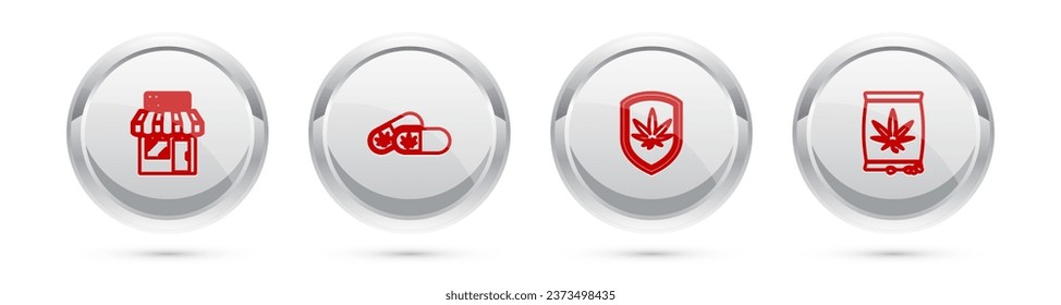 Fijar la línea Marihuana y la tienda de cannabis, píldoras médicas con marihuana, Escudo y semillas. botón Círculo plateado. Vector