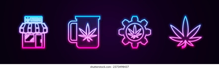 Línea Marihuana y tienda de cannabis, Té de la copa con marihuana, Tubo de prueba y hoja. Icono de neón brillante. Vector