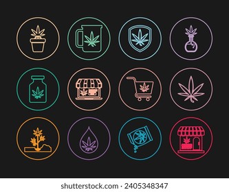 Línea Marihuana y tienda de cannabis, hoja, Escuche marihuana, compra en línea, botella médica con, maceta de planta, carrito de compras e ícono de té de la Copa. Vector