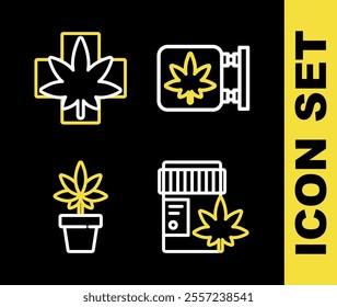 Set line Marijuana and cannabis store, Medical bottle with marijuana, plant and leaf icon. Vector
