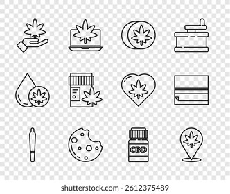 Set line Marijuana joint, Location and marijuana, Herbal ecstasy tablets, Cookies with, or cannabis leaf, Medical bottle,  and Rolling paper icon. Vector