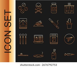Conjunto de línea de marihuana, Messenger, cactus peyote pot, botella de medicina y píldoras, tarjeta de crédito de cocaína, caja de paquete de cigarrillos o tableta e icono. Vector