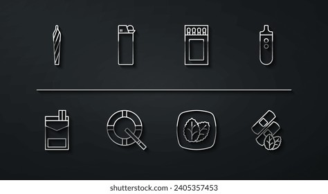 Set line Marijuana joint, spliff, Cigarettes pack box, Electronic cigarette, Tobacco leaf, Ashtray with, Lighter, Medical nicotine patches and Matchbox and matches icon. Vector